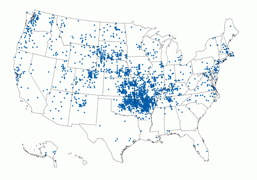The figure is a map of the United States indicating reported tularemia cases, by county of residence during 2011&ndash;2022.