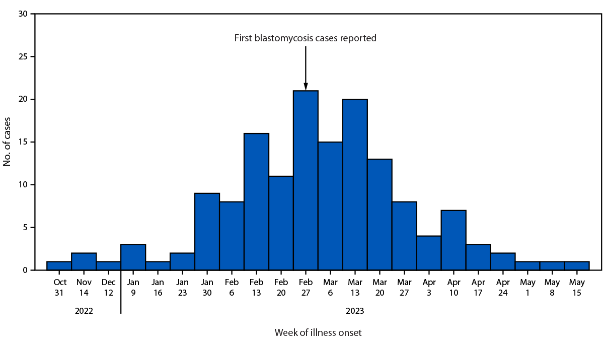 Figure is a histogram depicting blastomycosis cases, by week of illness onset, among 162 workers at a paper mill in Michigan, during November 1, 2022&ndash;May 15, 2023.