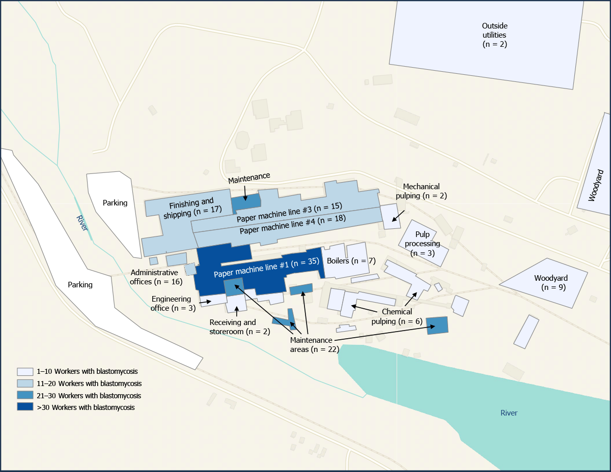 Figure is a map of the primary work location at the paper mill for 162 workers with blastomycosis in Michigan, during November 2022&ndash;May 2023.