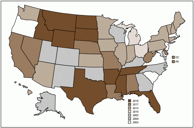 The figure is a map of the United States showing the states participating in the National Violent Death Reporting System, by year of initial data collection during 2003&ndash;2022.