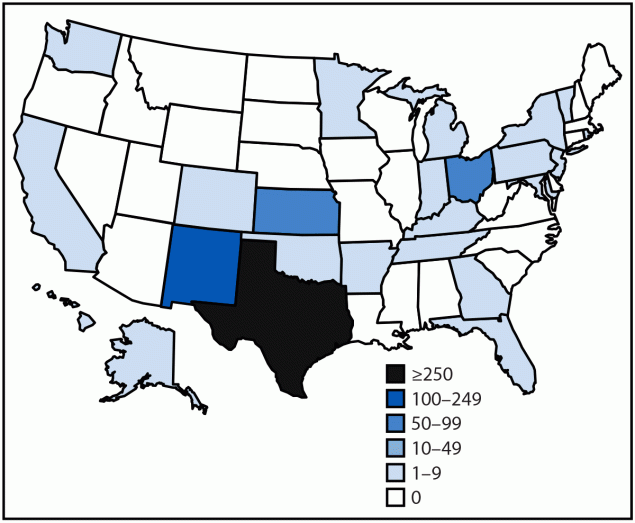 The figure is a map of the United States illustrating the reported number of confirmed measles cases, by state, during January 1&ndash;April 17, 2025.
