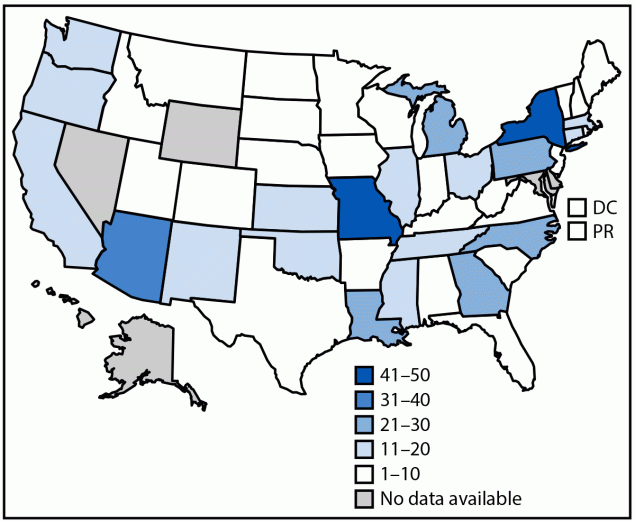 The figure is a map of the United States illustrating the reported number of cases of lead poisoning associated with consumption of recalled cinnamon-applesauce products packaged in pouches, by jurisdiction during November 2023&ndash;April 2024.