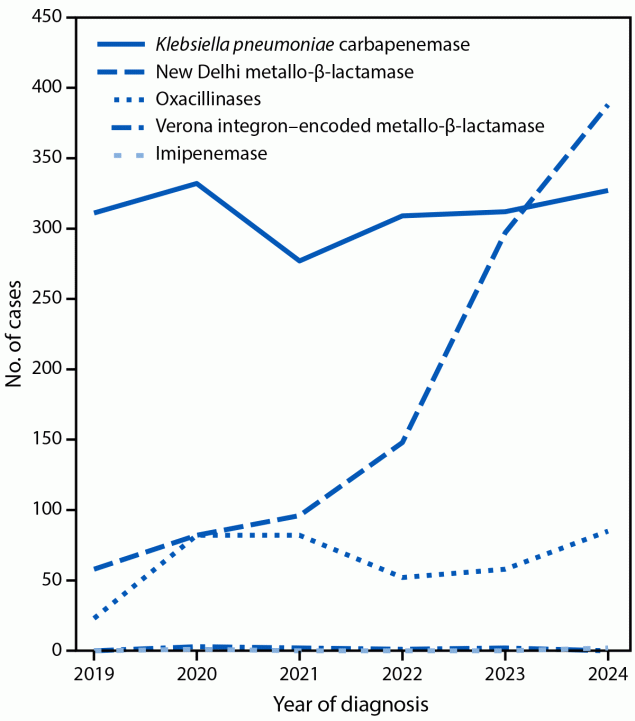The figure is a line graph illustrating the number of carbapenem-resistant Enterobacterales cases with a detected carbapenemase, by carbapenemase type and diagnosis year, in New York City during 2019&ndash;2024.