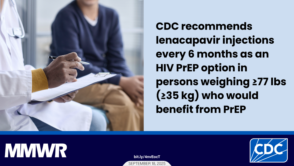 Clinical Recommendation for the Use of Injectable Lenacapavir as HIV Preexposure Prophylaxis — United States, 2025 The image shows a patient talking to a clinician with text that reads, “Lenacapavir PrEP is an option for persons at risk for HIV acquisition, including but not limited to: persons with diagnosed sexually transmitted infections, men who have sex with me, persons whose sexual partners have HIV infection without viral suppression, persons who engage in transactional sex, persons who are incarcerated, and persons who use recreational drugs and share needles.”