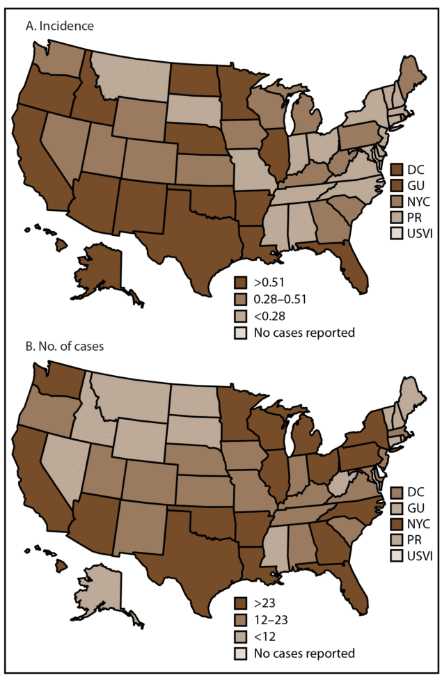 The figure is a map of the United States showing the 15-year cumulative incidence and number of brucellosis cases, by jurisdiction, during 2010&ndash;2024, as reported to the National Notifiable Diseases Surveillance System.