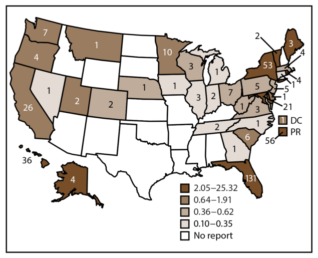 The figure is a map of the United States showing the number and average annual rate of reported foodborne disease outbreaks, per one million population, associated with marine toxins during 2011&ndash;2023, by state, territory, or federal district, according to data from the Foodborne Disease Outbreak Surveillance System.