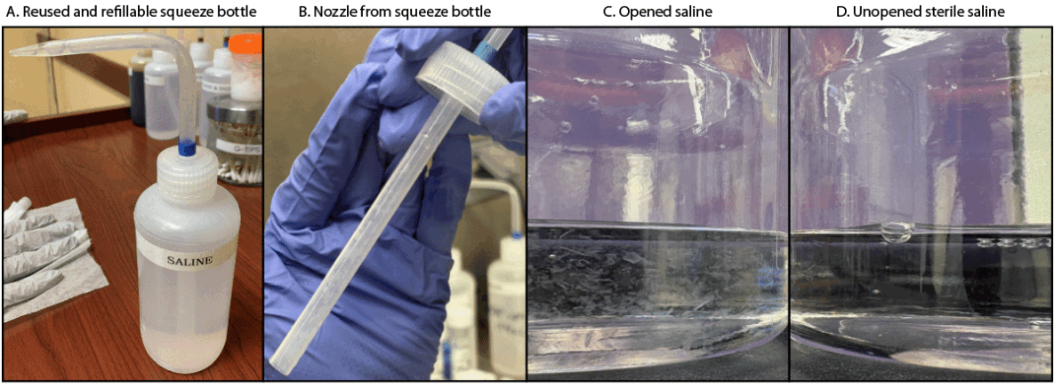 The figure comprises three photographs taken by Washington State Department of Health in 2024, showing a refillable squeeze bottle contaminated with Purpureocillium lilacinum, a cap and nozzle from a refillable squeeze bottle, and opened and unopened saline bottles used to refill squeeze bottles.