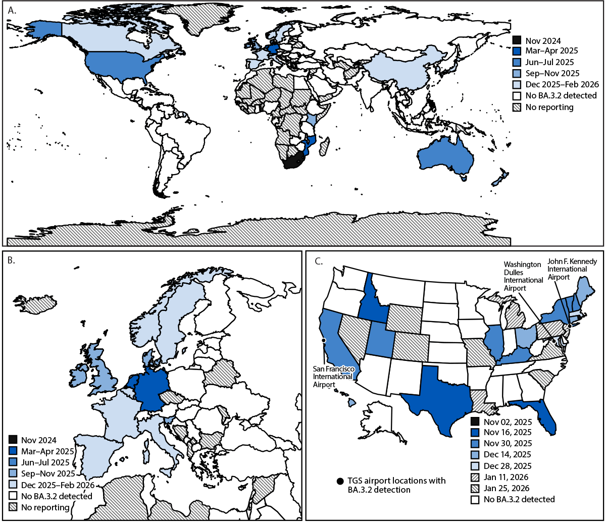 Early Detection and Surveillance of the SARS-CoV-2 Variant BA.3.2 — Worldwide, November 2024–February 2026 The figure is a series of three maps denoting SARS-CoV-2 BA.3.2 detections by initial sample collection date during November 2024–February 2026. Panel A is worldwide, panel B is Europe, and panel C is the United States.