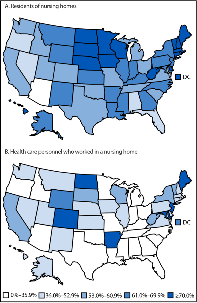 Influenza Vaccination Coverage Among Nursing Home Residents and Health Care Personnel — United States, 2024–25 Influenza Season The figure comprises two U.S. maps illustrating pooled mean influenza vaccination coverage among residents of nursing homes and health care personnel who worked in nursing homes during the 2024-25 influenza season using data from the National Healthcare Safety Network.