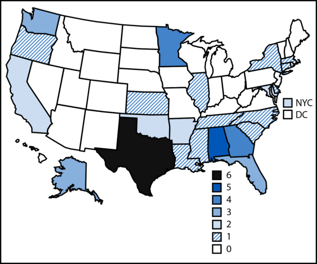 Large Tuberculosis Outbreaks — United States, 2017–2023 The figure is a U.S. map showing the location of 50 large tuberculosis outbreaks, by jurisdiction, during 2017–2023.