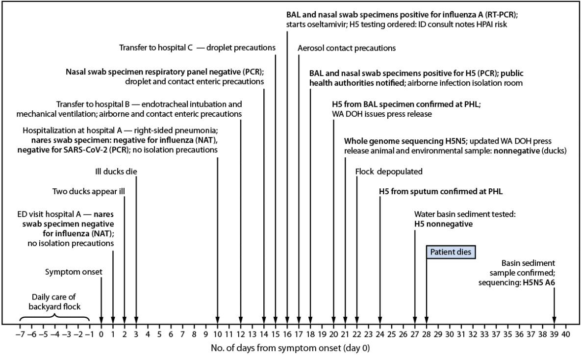Fatal Human Case of Highly Pathogenic Avian Influenza A(H5N5) in a Backyard Flock Owner — Washington, November 2025 The figure is a timeline of events for a fatal human case of avian influenza A(H5N5) in a backyard flock owner in Washington during November 2025.