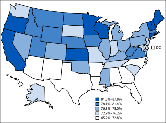 QuickStats: Percentage of Births in Which Women Received Prenatal Care in the First Trimester of Pregnancy, by State — United States, 2024 The figure is a map of the United States illustrating the percentage of births in the United States in 2024 in which women received prenatal care in the first trimester of pregnancy, by state.