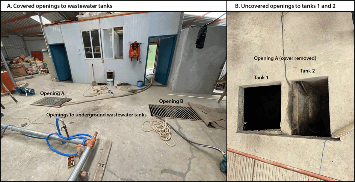 Figure 2 consists of two photographs. The first depicts the covered openings to underground wastewater tanks (A), and the second illustrates uncovered openings to tanks 1 and 2 (B) in a ceremonial papermaking workshop in China, May 14, 2025.