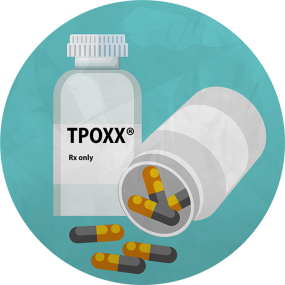 Illustration of a bottle of oral tpoxx medication for monkeypox