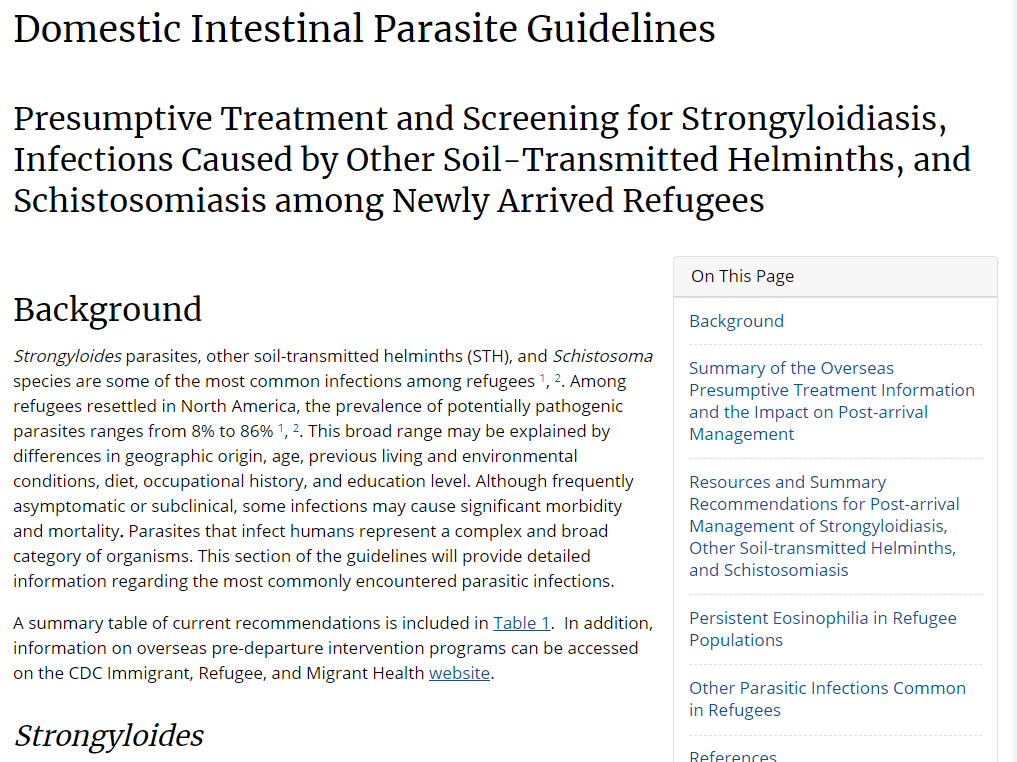Screenshot image of a Centers for Disease Control and Prevention website that provides Domestic intestinal parasite guidelines to medical professionals. At the top of the website is a heading &ldquo;domestic intestinal parasite guidelines &ldquo; in black font. The background of the website is white. The image includes rationale for having this information on the website and text information about intestinal parasites.