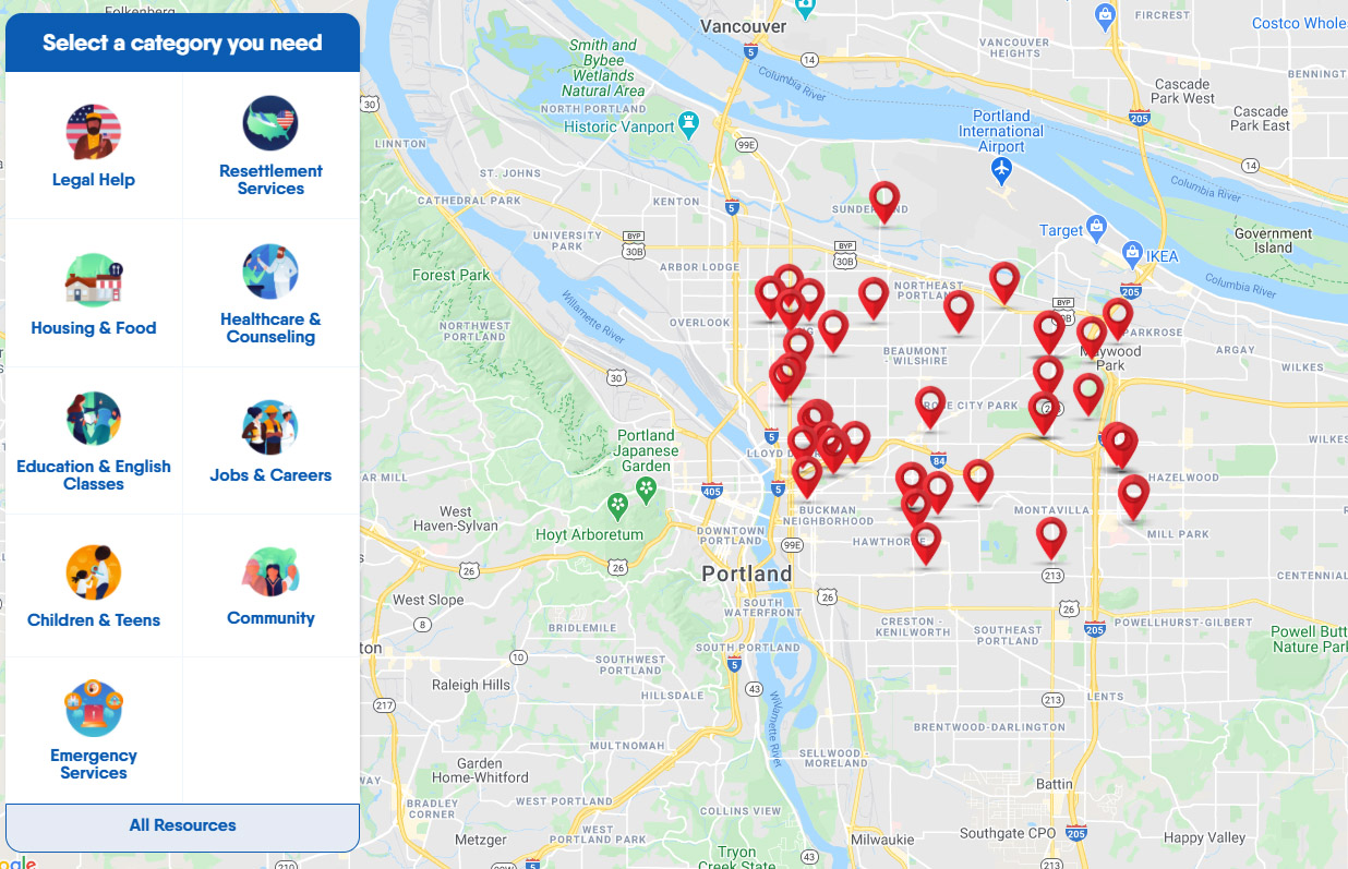 specialfeature01 Image of a map showing refugee resources available in an area. On the left of the image is a list of options including legal help, resettlement services,housing and food, healthcare and counseling, education and English classes, jobs and careers, children and teens, community, and emergency services. To the right is the map with red location icons denoting where the services can be found.