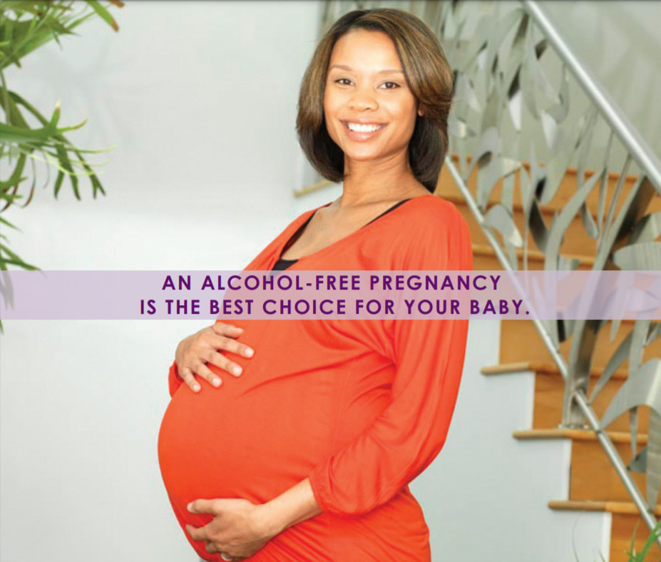 Pregnant woman with text overlay: &ldquo;An alcohol-free pregnancy is the best choice for your baby&rdquo;.