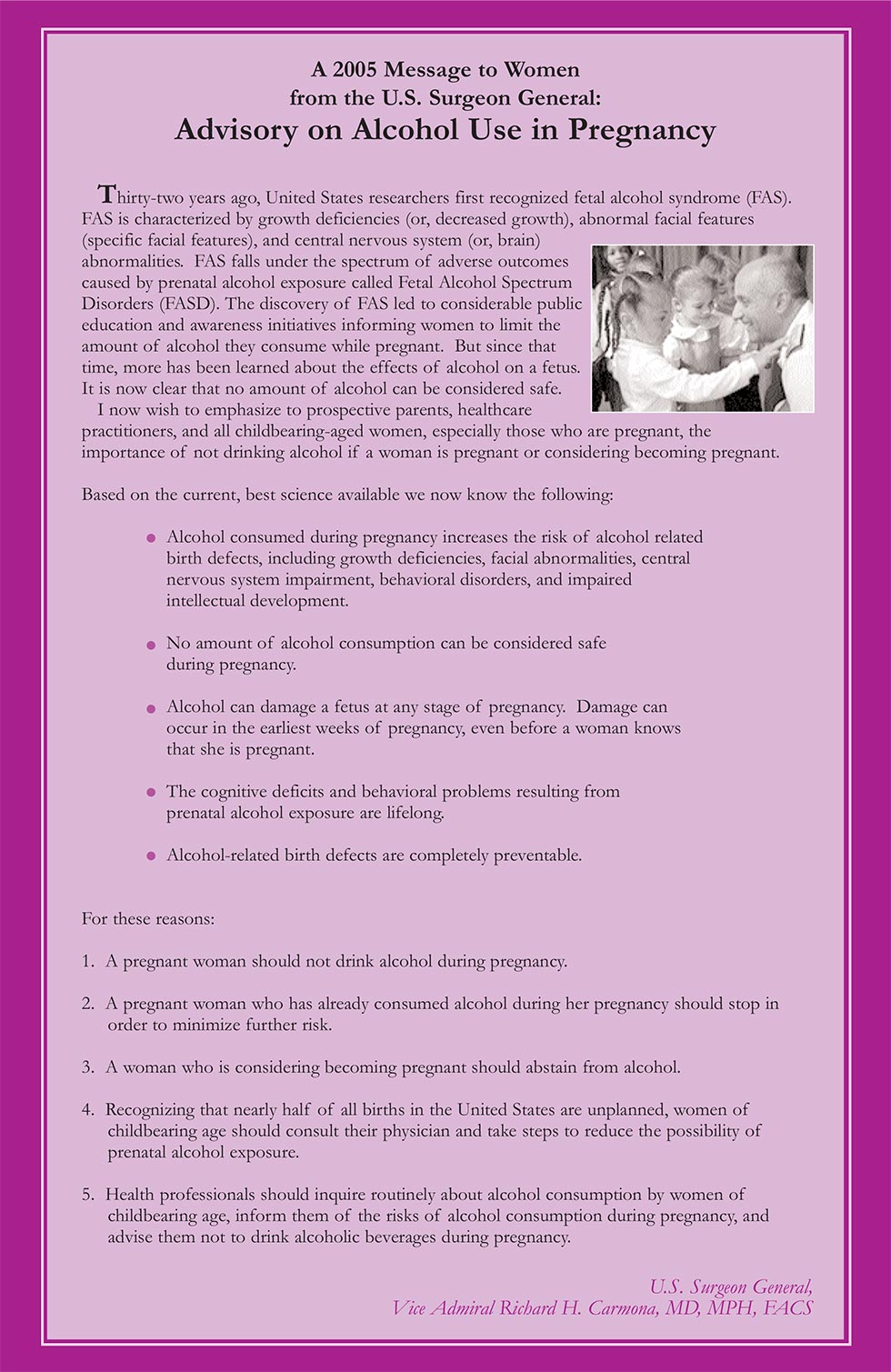 US. Surgeon General&rsquo;s advisory on alcohol use in pregnancy