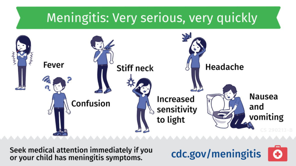 Infographic of the symptoms of meningitis stating &ldquo;Meningitis: Very serious, very quickly.&rdquo; Symptoms detailed in this infographic include fever, confusion, stiff neck, increased sensitivity to light, headache, and nausea and vomiting.