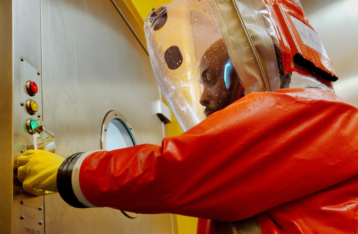 bsl4 Health scientist in hazard suit