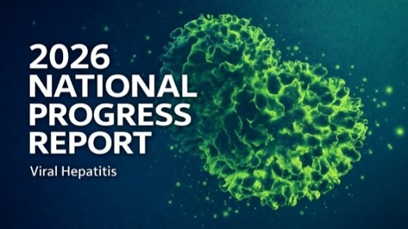 White text that reads 2026 National Progress Report for viral hepatitis against image of a green biological cell.