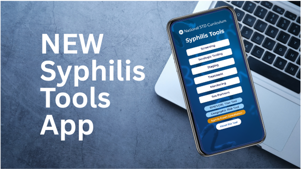 Smartphone showing Syphilis Tools App; text reads “NEW Syphilis Tools App.”