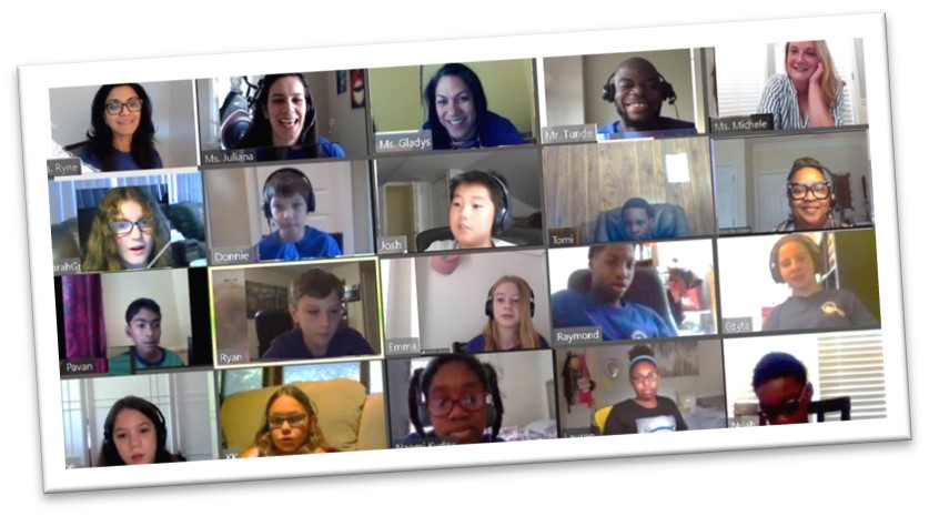 2020 virtual camp group photo. A screenshot showing Zoom windows of campers and staff.