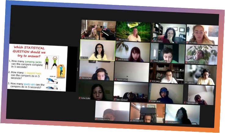 2021 virtual camp group photo. A screenshot showing Zoom windows of campers and staff discussing a prompt.