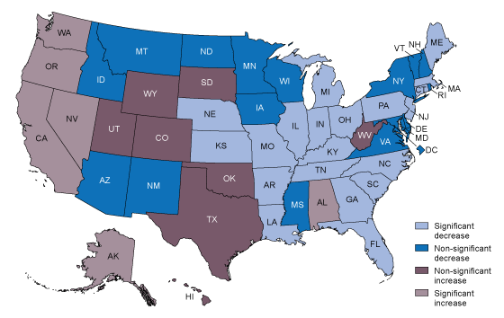Figure 2 is a map showing the change in the age-adjusted rate of drug overdose deaths by state in the United States from 2022 to 2023.