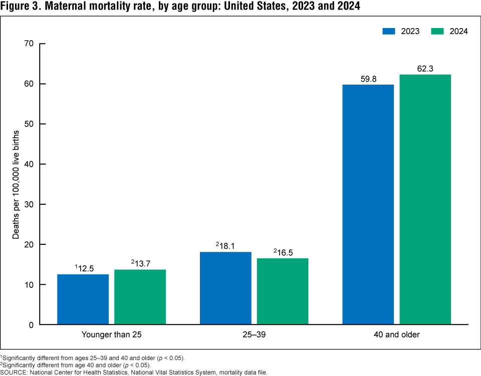 Figure 3 is a bar chart of the maternal mortality rate by age group in the United States in 2023 and 2024.