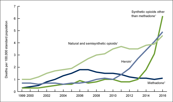 Figure 4 is a bar chart on the age-adjusted drug overdose death rates, by opioid category: United States, 1999&ndash;2016.