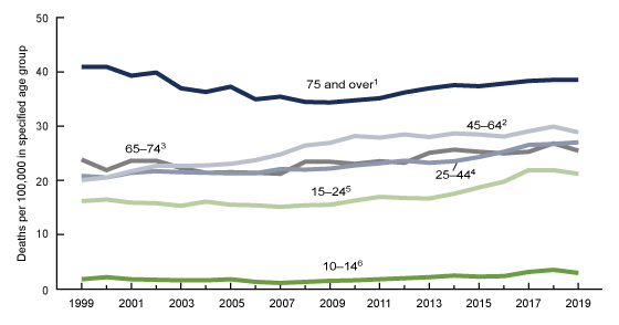 Figure 3 is a six-line chart showing trends in rates in suicide deaths for males by age group from 1999 through 2019.