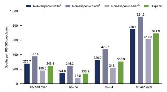 Figure 3 is a bar chart that shows death rates for sepsis-related mortality in 2019 for non-Hispanic white persons, non-Hispanic black persons, non-Hispanic Asian persons, and Hispanic persons for age groups 65 and over, 65 to 74, 75 to 84, and 85 and over.