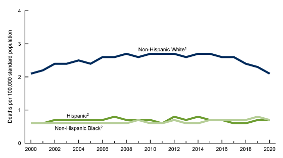 Figure 4 is a line chart showing age-adjusted poisoning suicide death rates for non-Hispanic White, non-Hispanic Black, and Hispanic people in the United States from 2000 through 2020.