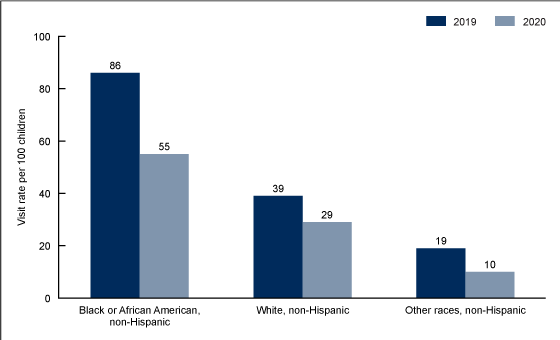 Figure 3 is a bar chart showing emergency department visit rates per 100 patients aged 0&ndash;17 in 2019 and 2020 by race and ethnicity, which includes the categories Black or African American non-Hispanic, White non-Hispanic, and other non-Hispanic races.