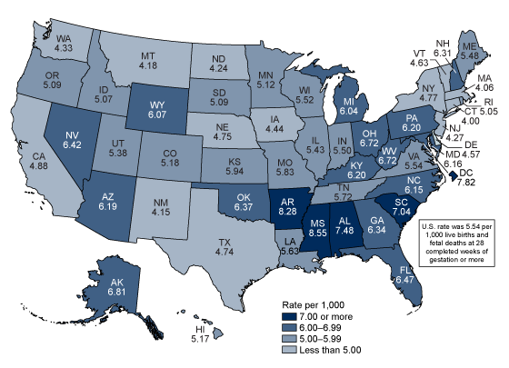 Figure 4 is a U.S. map showing the 2021 perinatal mortality rate of 5.54 and the perinatal mortality rate for each state in 2021.