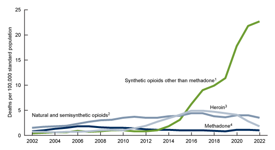 Figure 4 is a line chart showing rates of drug overdose death by type of opioid involved from 2002 through 2022. The chart has four trend lines: synthetic opioids other than methadone, natural and semisynthetic opioids, heroin, and methadone.