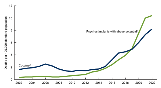 Figure 5 is a line chart showing rates of drug overdose death by type of stimulant drug involved from 2002 through 2022. The chart has two trend lines: cocaine and psychostimulants with abuse potential.