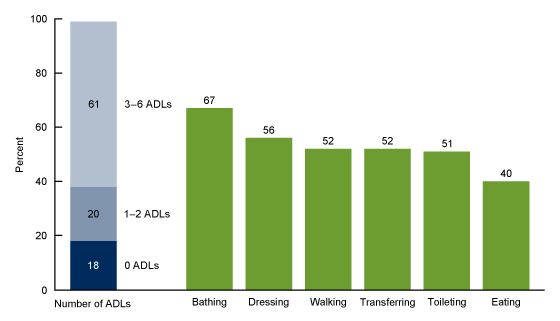 Figure 3 is a vertical bar chart showing the percent of adult day services center participants needing assistance with activities of daily living in the United States in 2022