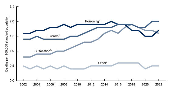 Figure 4 A line graph that shows age-adjusted suicide rates for females, by means of suicide in the United States from 2002 and 2022.