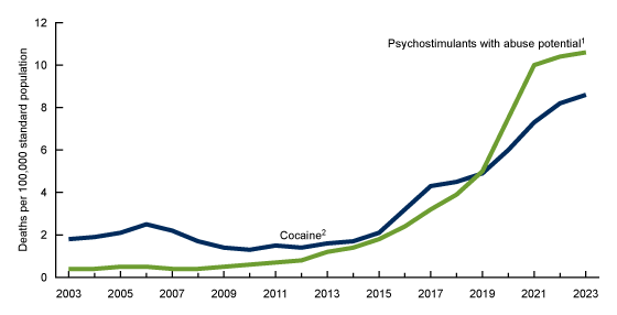 Figure 5 is a line chart showing the age-adjusted rate of drug overdose deaths involving stimulants by type of stimulant in the United States from 2003 to 2023.