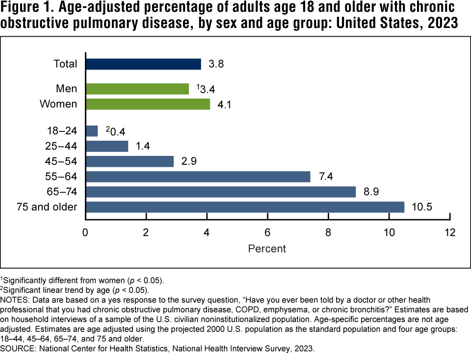 Figure 1 is a bar chart showing the age-adjusted percentage of adults with chronic obstructive pulmonary disease by sex and age group for 2023.