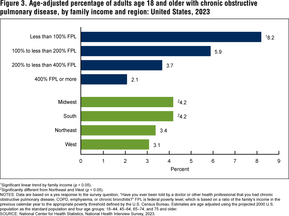 Figure 3 is a bar chart showing the age-adjusted percentage of adults with chronic obstructive pulmonary disease by family income and region for 2023.