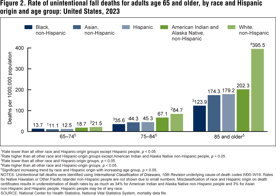 Figure 2 is a bar chart showing the rate of unintentional fall deaths for adults age 65 and older by race and Hispanic origin and age group for 2023.