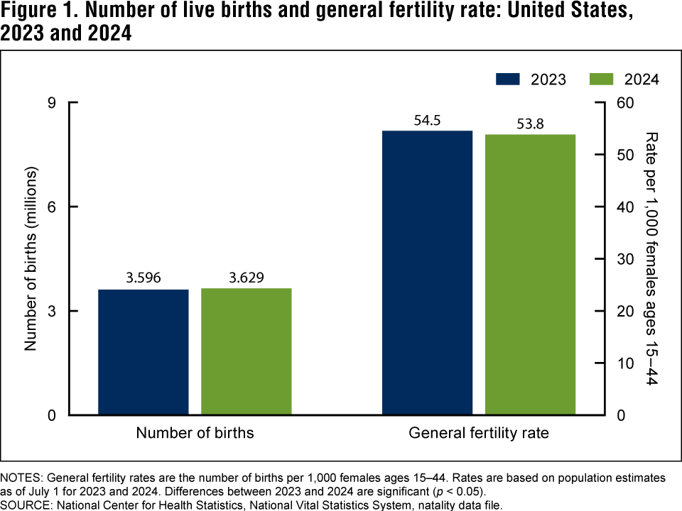 Figure 1 is a bar chart showing the number of births and the general fertility rate in the United States for 2023 and 2024.