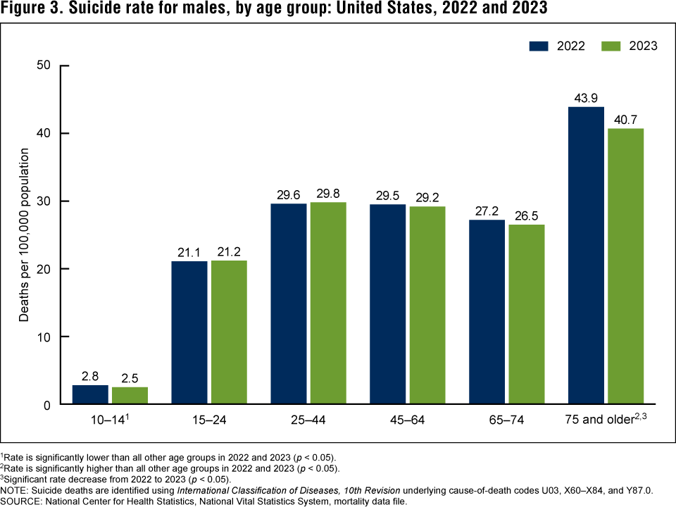 Figure 3. Suicide rate for males, by age group: United States, 2022 and 2023
