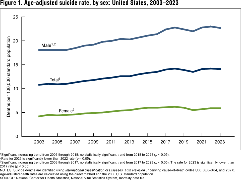 Figure 1 is a line graph showing age-adjusted suicide rates overall and by sex from 2003 to 2023
