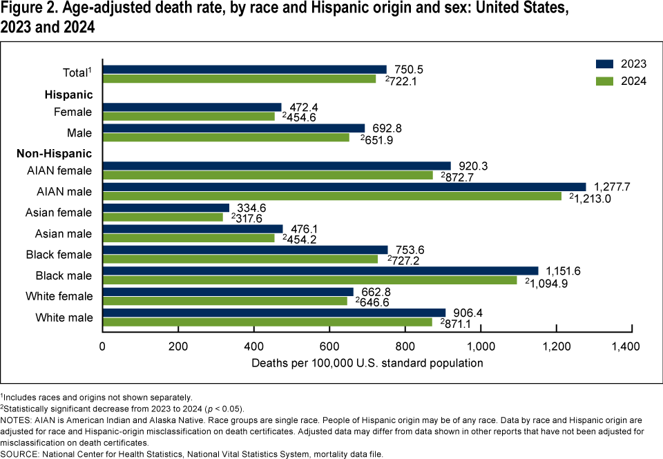 Figure 2 is a bar graph showing the age-adjusted death rate by race and Hispanic origin and sex in the United States in 2023 and 2024.