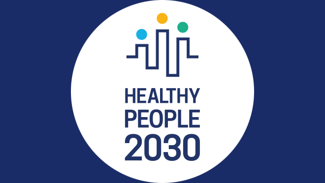 The Healthy People 2030 logo shows the outline of a skyline. There is a circle over each building to look like people