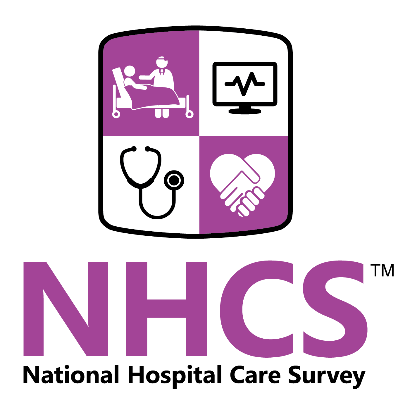 NHCS Vertical Logo National Hospital Care Survey logo. Purple shield with medical icons and purple letters NHCS